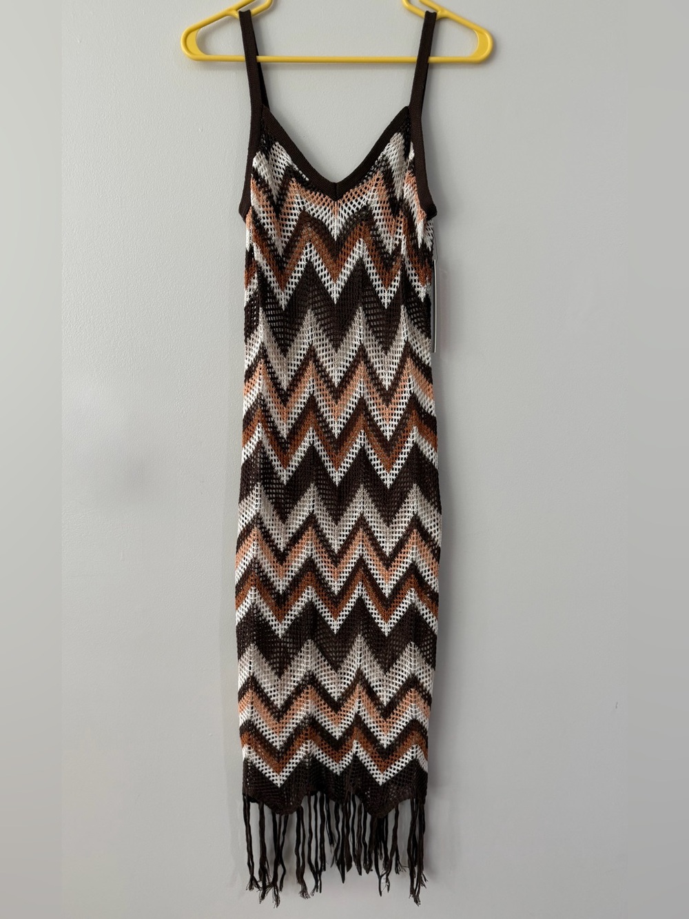 NWT Almost Famous Brown Crochet Chevron Knit Fringe Women's Maxi Dress Cover-Up
